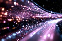Abstract pink and purple light trails with bokeh effect and glowing particles creating dynamic motion blur against dark background, suitable for tech concepts.