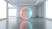 Glowing sphere with gradient neon colors floating in modern empty room with reflective floor and natural light from windows.