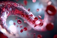 Red blood cells flowing in plasma stream with dynamic motion blur effect, microscopic view showing cellular movement in circulatory system against dark background.