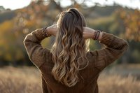 Young woman with long wavy blonde hair wearing brown knit sweater standing in autumn field during golden hour sunset, view from behind.