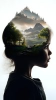Double exposure profile of young woman silhouette blending with misty mountain landscape, sunlit forest path and dramatic clouds at sunrise. Artistic conceptual composition.