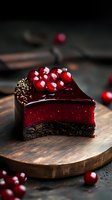 Slice of dark chocolate cranberry mousse cake with glossy mirror glaze, fresh berries and chocolate base on rustic wooden board. Dark moody food photography.