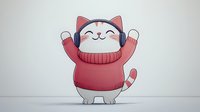 Cute cartoon cat character wearing red sweater with happy expression and raised arms celebrating on white background isolated for design use.