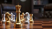 Gold king chess piece stands tall among silver pieces on wooden board, symbolizing leadership, strategy, and business success.