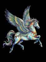 Ornate winged horse with flowing mane and tail, featuring intricate decorative patterns in blue, green, and gold tones. Isolated on transparent background, ready for t-shirts, stickers, clipart, and print-on-demand designs.
