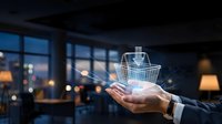 Close-up of businessman hand holding shopping cart icon with cityscape at dusk, representing e-commerce, online retail, digital shopping solutions for business and consumer applications.