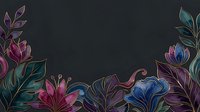 Dark floral border with colorful watercolor flowers and golden outlines on black background, copy space for text or design projects.