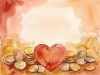Watercolor heart surrounded by euro coins on warm red and golden background with copy space for charity and finance concepts.