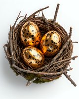 Golden spotted eggs in rustic bird nest made of twigs and moss on white background, luxury Easter concept for seasonal greeting cards and decor.