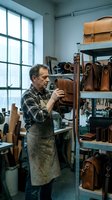 Middle-aged male craftsman with gray hair and facial hair, wearing plaid shirt and work apron, inspecting leather bag in workshop studio with shelving displaying handmade leather goods and tools.