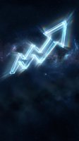 Glowing neon arrow pointing upward against cosmic starry sky background with rainbow light effects for business growth and success concepts.
