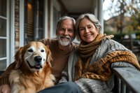 Happy mature Caucasian couple with gray hair and casual winter clothing embracing their golden retriever dog on porch, expressing joy and contentment in retirement lifestyle.