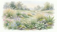 Watercolor landscape with wildflowers, grasses and ferns in soft pastel tones. Natural botanical garden scene with delicate brushwork and organic textures.