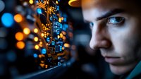 Young male programmer examining circuit board with glowing orange and blue bokeh lights creating dramatic technological atmosphere for cybersecurity and IT concepts.