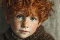 Young redhead boy with freckles and curly hair wearing brown sweater looking at camera with bright green eyes against neutral background.