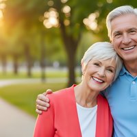 Happy senior couple embracing outdoors in sunny park with golden light and bokeh background for retirement lifestyle content.