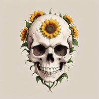 Artistic skull adorned with vibrant sunflowers and green leaves creates striking contrast between life and death, suitable for tattoo designs and gothic art prints.