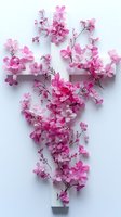 Pink flowering branches arranged in cross shape on white textured background, isolated design element suitable for greeting cards, wall art, religious themes, and decorative projects.
