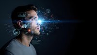 Young businessman with digital data visualization and holographic interface projecting from his eye representing artificial intelligence and future technology.
