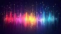 Colorful sound wave equalizer with glowing vertical lines and particles on dark background, rainbow spectrum from red to blue for music visualization.