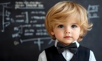 Adorable blonde toddler boy in formal vest and bow tie standing in front of mathematical equations on blackboard for educational concepts.