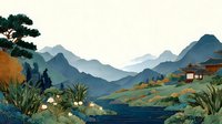 Serene mountain landscape with traditional Asian architecture, layered peaks, and lush vegetation creating peaceful scenic vista for meditation and travel content.