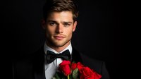 Handsome Caucasian male model in black tuxedo and bow tie holding red roses bouquet against dark background, dramatic lighting creates elegant romantic mood.