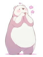 Cute pink and white bear character with blushing cheeks standing upright among falling cherry blossoms, drawn in soft pastel colors on white background.