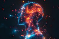 Glowing neon human head silhouette with neural network connections and energy particles on dark background, representing artificial intelligence and consciousness.