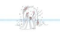 Elegant line art wedding couple under floral arch with falling petals, minimalist romantic ceremony illustration for invitations and stationery design.