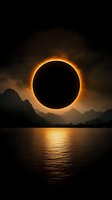 Total solar eclipse over mountain lake landscape with dramatic golden light reflection on water surface during astronomical phenomenon at sunset.