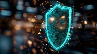 Glowing neon blue shield with digital particles and bokeh effect on dark background, representing cybersecurity and digital protection concept.