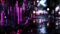 Glowing pink and purple light streaks falling like rain against dark wet surface with bokeh effects and reflections creating moody atmospheric nighttime scene.