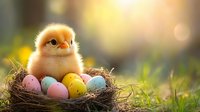 Adorable fluffy baby chick sitting in nest with colorful Easter eggs on warm spring morning with golden sunlight and bokeh background for holiday designs.