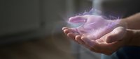 Caucasian male hands holding a glowing holographic financial data chart, representing futuristic technology, analytics, and digital innovation in business.