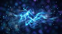 Glowing neon blue energy waves with swirling light particles and sparkling effects on dark background. Suitable for technology, science fiction, digital art, and abstract design projects.