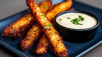 Crispy breaded chicken strips with golden-brown coating served on blue plate with creamy ranch dipping sauce garnished with fresh herbs. Perfect for menu photos.