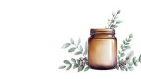 Amber glass jar decorated with watercolor eucalyptus leaves and berries on white background, minimalist botanical composition for wedding stationery and home decor.