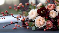 Romantic floral arrangement featuring blush pink and deep burgundy ranunculus blooms with delicate red berries and eucalyptus leaves against soft blurred background.