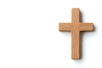 Simple wooden cross on white background with soft shadow, isolated religious symbol for faith-based designs and spiritual concepts.
