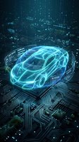 Futuristic holographic car projection on circuit board with glowing blue wireframe design and digital data streams for automotive technology concepts.