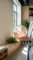 Businesswoman holding glowing sphere with financial icons and data symbols, representing digital innovation, fintech solutions, and business growth strategy in modern office environment.