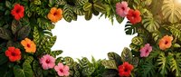 Tropical frame with hibiscus flowers and exotic leaves on white background. Jungle border design for summer vacation, paradise resort themes.