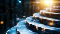 Metallic circular steps with golden light effects and bokeh particles creating futuristic technological atmosphere for business concept backgrounds.