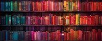 Colorful vintage books arranged on wooden library shelves creating rainbow gradient effect, perfect for education, knowledge and literature concepts. Panoramic bookshelf background.