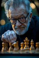 Senior Caucasian man with glasses and beard playing chess, concentrating on strategic move in warm evening light for intellectual games and leisure activities.