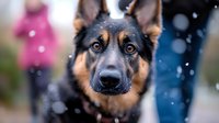 Close-up portrait of attentive German Shepherd dog with snow falling, showing alert expression and focused brown eyes against blurred winter background.