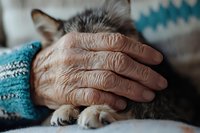 Elderly hand with wrinkled skin gently resting on cat's paw, symbolizing companionship between seniors and pets in home care settings.