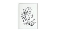 Minimalist line art portrait of woman with flowing hair and leaves, continuous single line drawing style for modern wall decor and artistic projects.