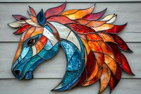 Stained glass mosaic horse head with vibrant turquoise, orange and red colors against wooden background. Artistic decorative piece for wall decor.